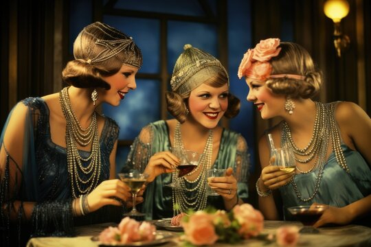 Three beautiful women in vintage clothing drinking wine in a restaurant. Retro style, 1920s flapper women at a vibrant party, AI Generated