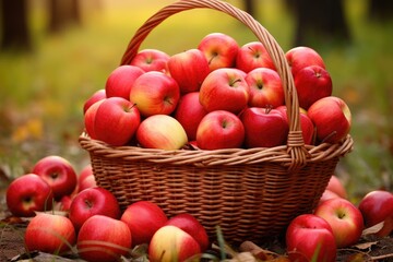 Ripe red apples in a basket on a wooden table in the garden, A basket filled with fresh, hand-picked apples, AI Generated