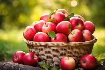 Fresh red apples in a basket on a wooden stump in the garden, A basket filled with fresh, hand-picked apples, AI Generated