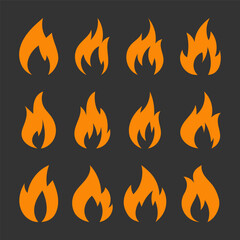 Fire flame icon set isolated on gray background