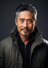 Obraz premium Bold Profile, Handsome Asian Man Captured in a Striking Black Background Portrait.