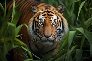 Close up of a tiger in the jungle - Panthera tigris altaica, A Bengal tiger stealthily stalking its prey in the dense jungle, AI Generated