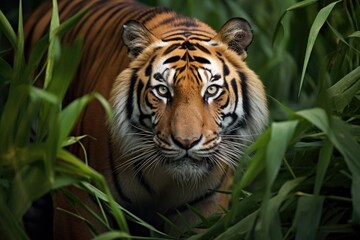 Fototapeta premium Close up of a tiger in the jungle - Panthera tigris altaica, A Bengal tiger stealthily stalking its prey in the dense jungle, AI Generated