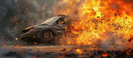 Exploded car bomb with flying debris.