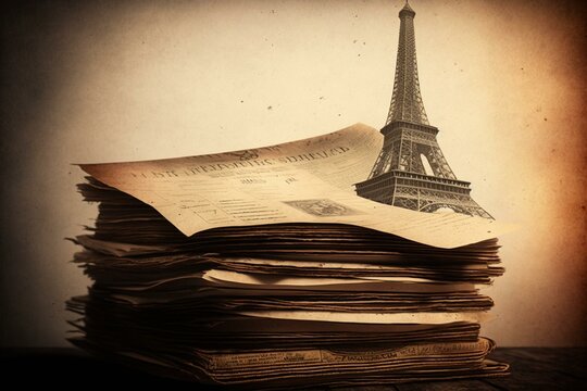 Stack of aged documents featuring a snapshot of the Eiffel Tower. Generative AI
