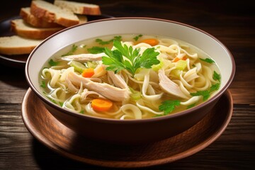 Chicken soup with noodles, carrots and parsley in bowl on wooden table, A bowl of comforting chicken noodle soup, AI Generated