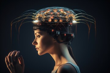 Cyborg woman with glowing brain. Artificial intelligence concept. 3D Rendering, A brain interface device reading human thoughts, AI Generated