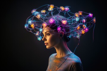 Portrait of a beautiful young woman with a glowing brain on her head, A brain interface device reading human thoughts, AI Generated