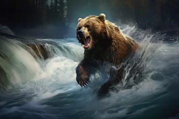 Foto op Plexiglas Grizzly bear in the river. Dangerous animal in nature, A brown bear catching salmon in a rushing river, AI Generated © Iftikhar alam