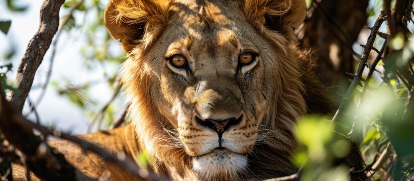 young male lion resting in thorny shade - Powered by Adobe