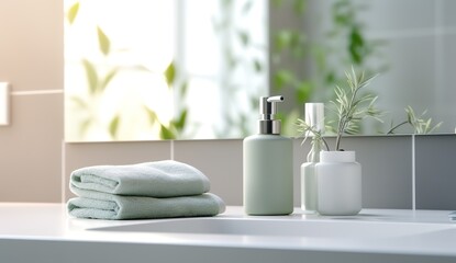 Obraz na płótnie Canvas towels and soap bottles in the bathroom. generative AI