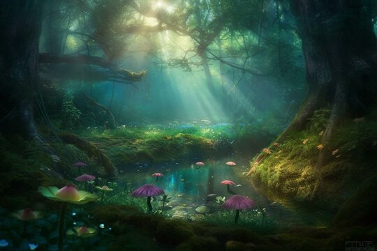 Mystical forest oasis where imagination blooms. Generative AI
