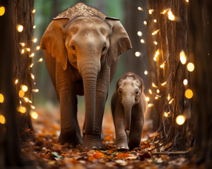 Elephant mother and child in the woods at night with lights on them