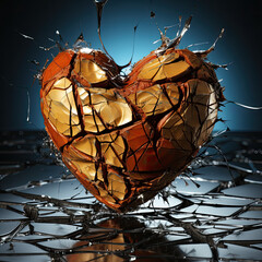 Fototapeta na wymiar Shattered glass heart with golden light