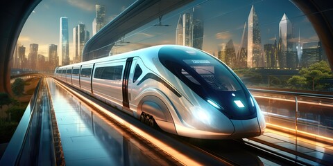 An illustration of a sophisticated future train. Road in the middle of an urban area with tall buildings. Generative AI