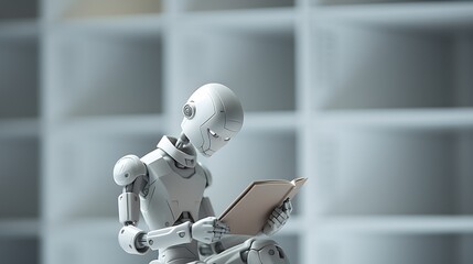Naklejka premium Artificial intelligence android robot reading a book. Extremely closed-up humanoid cute little robot reading a book in a clean minimal background.