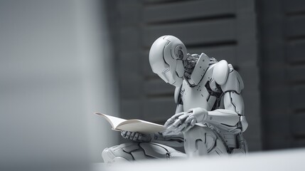 Artificial intelligence android robot reading a book. Extremely closed-up humanoid cute little robot reading a book in a clean minimal background.