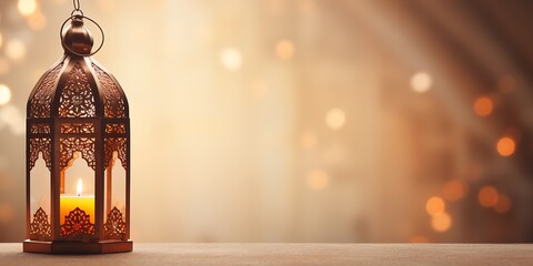 Ornate metal lantern with a lit candle rests on a wooden surface against a bright, warm, diffused background, suitable for website headers or elegant event invitations.