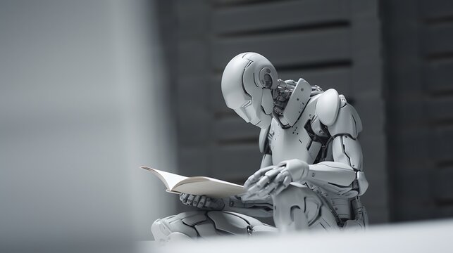 A futuristic robot deeply engrossed while reading a physical book, symbolizing artificial intelligence learning and knowledge acquisition isolated on a white background.