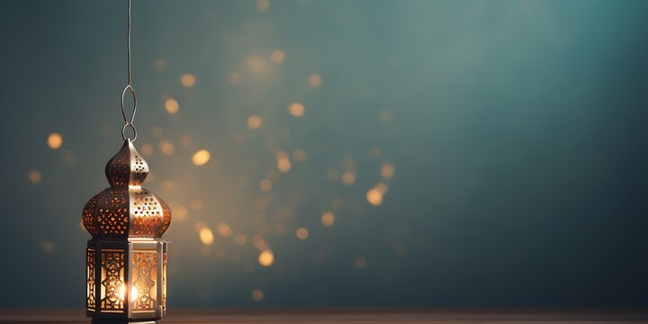 The Muslim feast of the holy month of Ramadan Kareem with ornamental Arabic lanterns burning glowing candles. Beautiful background with a shining lantern Fanus. Free space for your text.