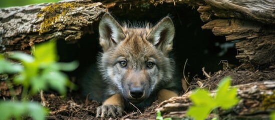 Springtime in Wisconsin with a young wolf pup coming out of a hollow log.