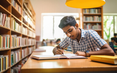 indian college boy student studying at library