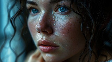 Portrait of a sad blue-eyed crying woman looking out the night window