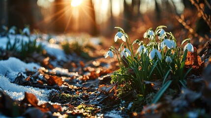 The first spring delicate purple snowdrops appeared from under the snow - obrazy, fototapety, plakaty