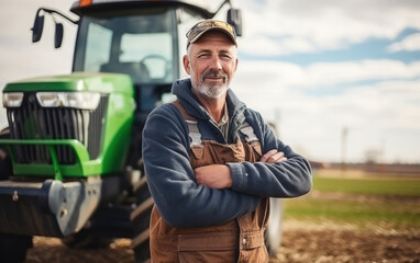 senior western farmer standing at farm with tractor