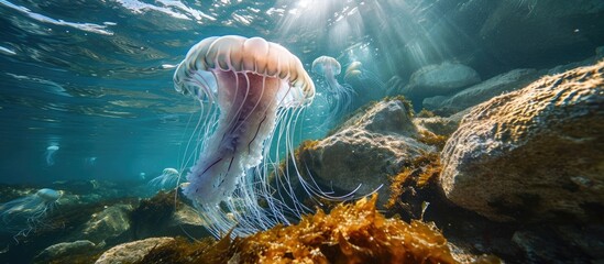 Jellyfish underwater, rocky coast, Mediterranean sea, France. - obrazy, fototapety, plakaty
