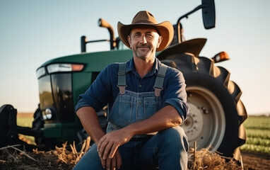 senior western farmer sitting at farm with tractor