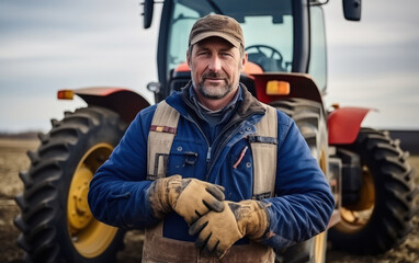 senior western farmer standing at farm with tractor