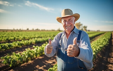 senior farmer standing at farm and showing thumbs up - obrazy, fototapety, plakaty
