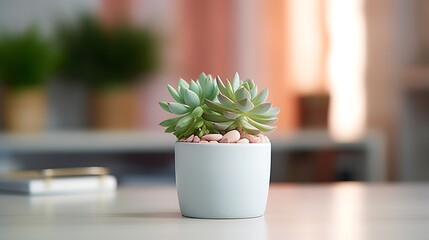 Succulent plant in a white pot on the shelf against white wall with copy space. succulents on the table extremely close-up view. a plant on a living room surface.