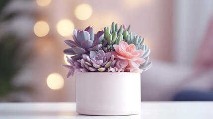 Succulent plant in a white pot on the shelf against white wall with copy space. succulents on the table extremely close-up view. a plant on a living room surface.