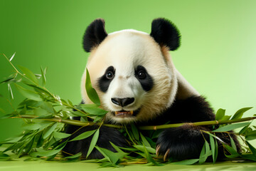 panda eats bamboo on a green background. Cute bamboo bear, close-up portrait on studio backdrop.