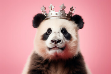 panda in a crown, funny bamboo bear, close-up portrait on pink s