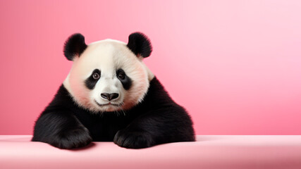 panda, bamboo bear, close-up portrait on pink studio background.