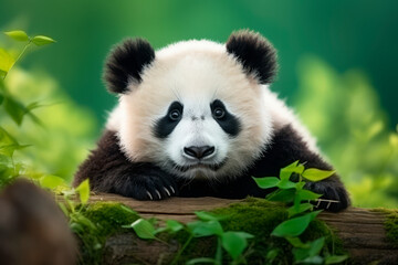 Obraz premium panda, bamboo bear, close-up portrait on a blurred green background of nature.