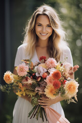 young woman holding a bouquet of flowers