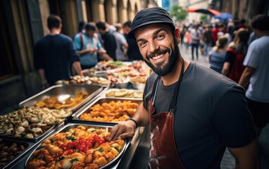 young man selling street food at local market