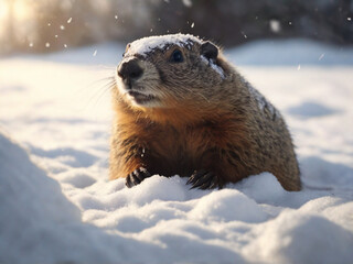 Obraz premium Groundhog covered in snow. Happy groundhog Day