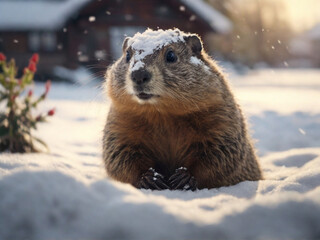 Obraz premium Groundhog covered in snow. Happy groundhog Day