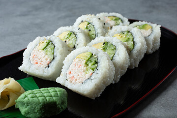 A view of a California roll sushi plate.