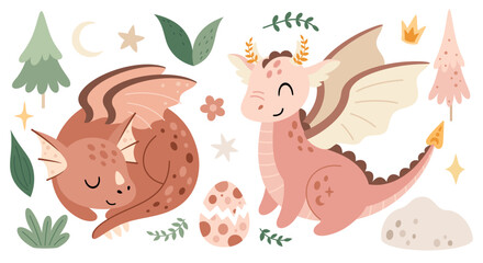 Cute dragon clipart in cartoon flat style. Year of the dragon. Dragon girl clipart. Fantasy clipart. Vector illustration