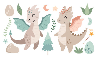 Cute dragon clipart in cartoon flat style. Year of the dragon. Dragon girl clipart. Fantasy clipart. Vector illustration