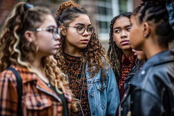 Fototapeta premium Group of young diverse women at their study place. Representing the diversity at the campus.