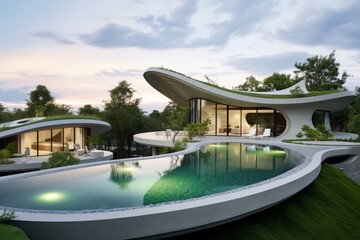 illustration of luxurious decor house with huge swimming pool. Front view of villa