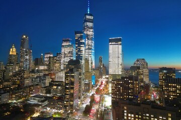Night New York City, Manhattan famous top view. Manhattan from above. NYC panorama. NYC skyline at...