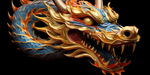 Obraz na płótnie Canvas a dragon statue with a golden eye and a gold dragon head , Dragon Head Statue in Shiny Gold